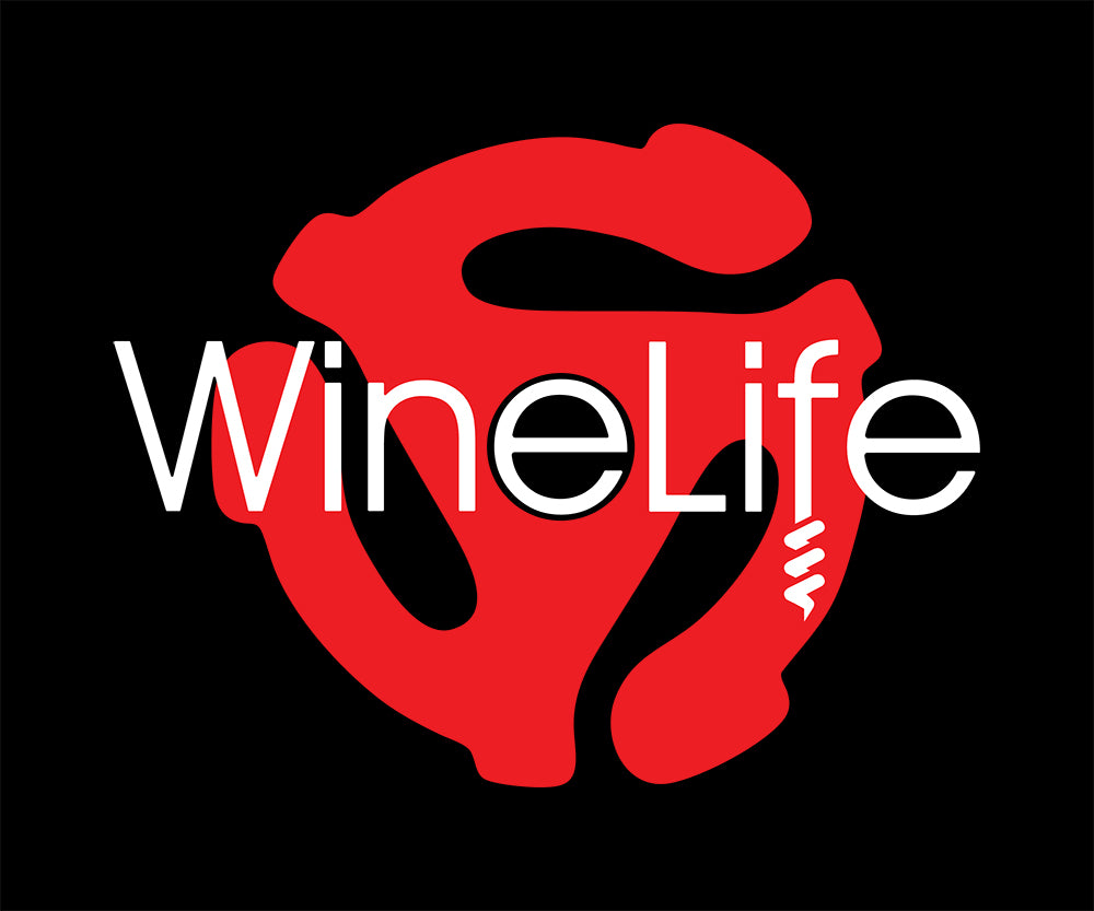 Red 45 record adapter with white wine life logo, black background