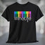 Piano Wine Life T-Shirt featuring vibrant piano keys and Wine Life logo on a black t-shirt.