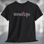 Black t-shirt with Wine Life logo on front, with red wine glass and corkscrew