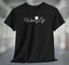 Black t-shirt with wine life written in swirly script letters, and a glass of white wine