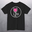 Round Pink Wine LIFE Logo T-Shirt featuring a large LIFE logo with a wine glass and pink rosé on a black t-shirt.