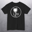 Black t-shirt with round Wine Life logo, with white wine glass.