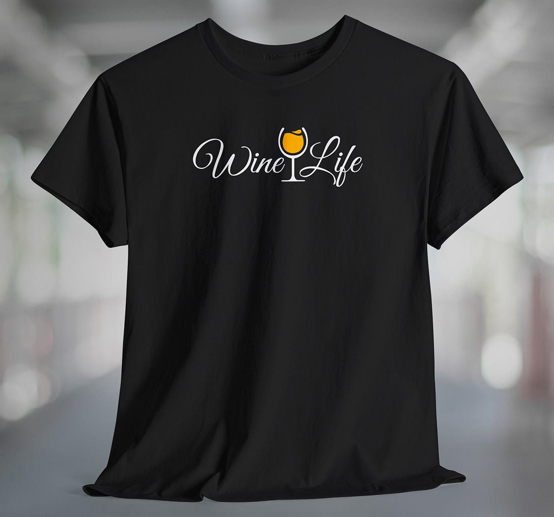 Black t-shirt with wine life written in swirly script letters, and a glass of golden yellow white wine