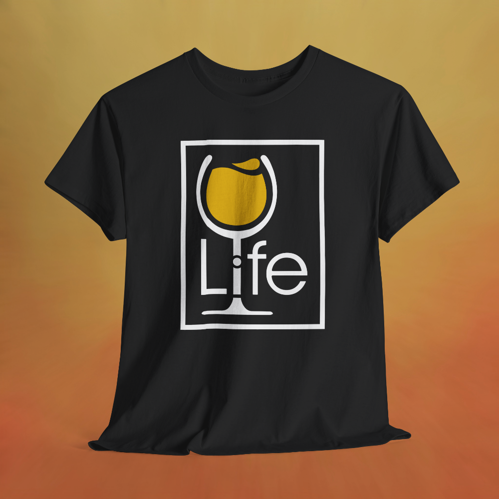Black t-shirt with rectangle Wine Life logo, the i is the stem of a wine glass full of yellow wine.