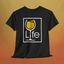 Square Yellow Wine LIFE Logo T-Shirt featuring the LIFE logo and a glass filled with golden white wine on a black background.