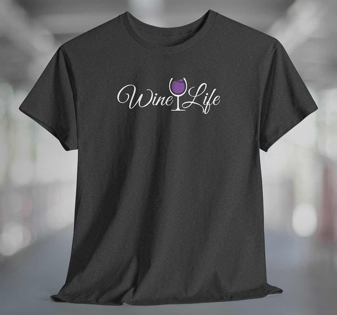 Heather charcoal t-shirt with wine life written in swirly script letters, and a glass of purple wine