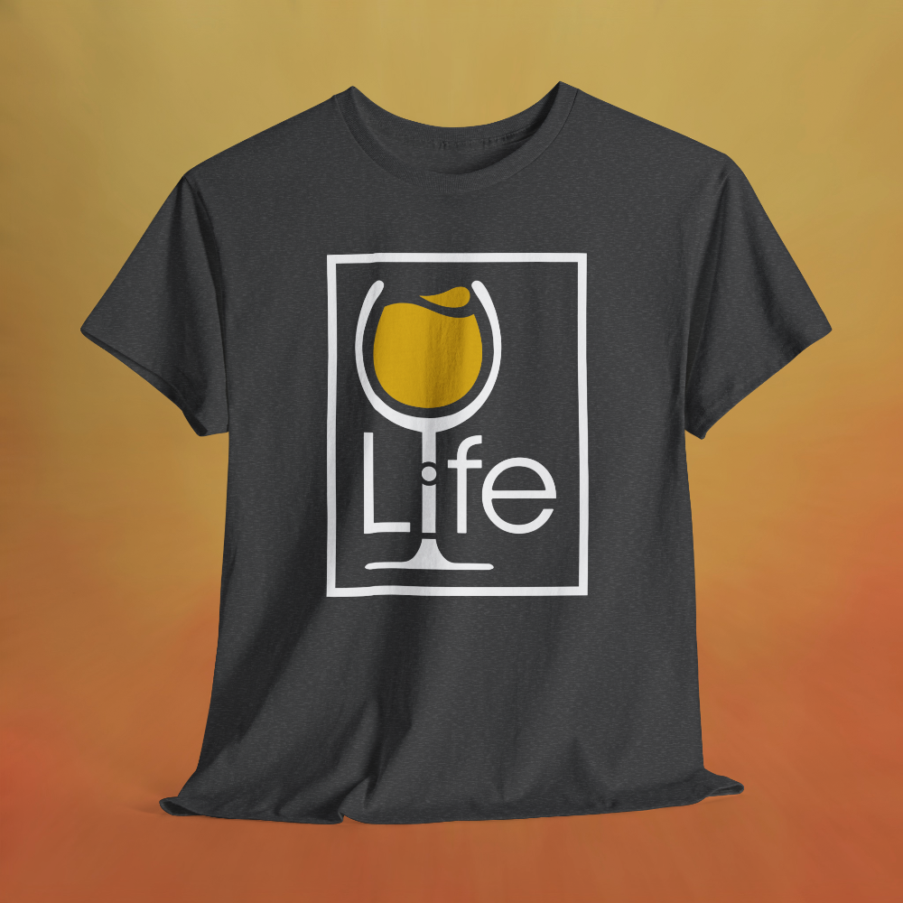 Heather charcoal gray shirt with rectangle Wine Life logo, the i is the stem of a wine glass full of yellow wine.