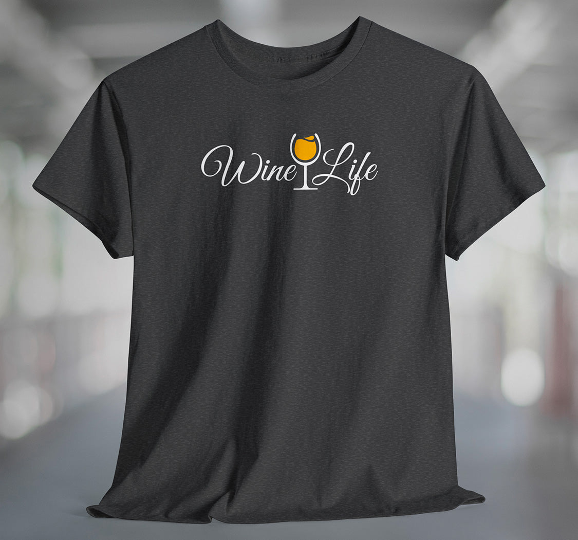 Heather charcoal gray t-shirt with wine life written in swirly script letters, and a glass of golden yellow white wine