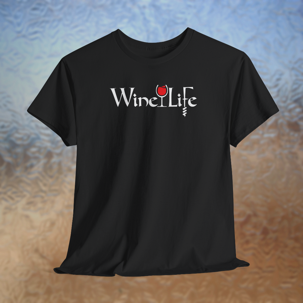 Black t-shirt, white Wine Life logo with calligraphy styled letters, and wine glass full of red wine and corkscrew