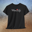 Black t-shirt, white Wine Life logo with calligraphy styled letters, and wine glass full of red wine and corkscrew