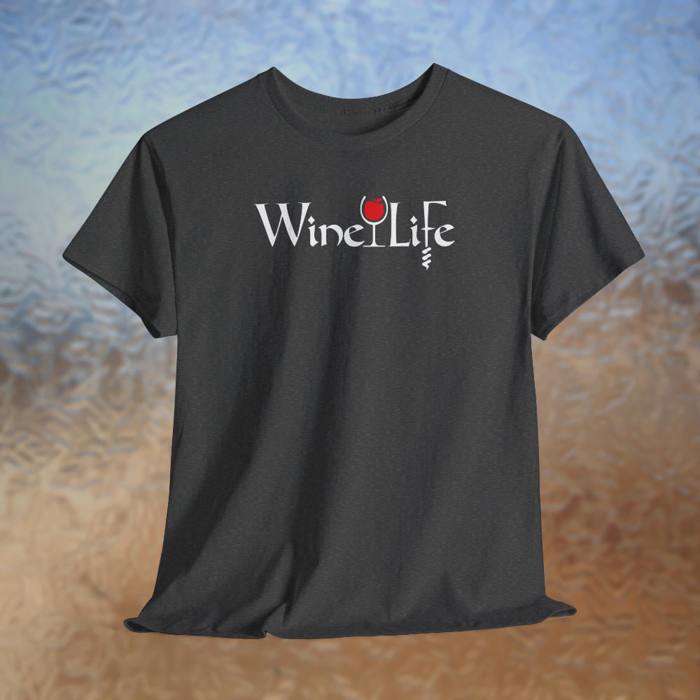 Heather charcoal gray t-shirt white Wine Life logo with calligraphy styled letters, and wine glass full of red wine and corkscrew