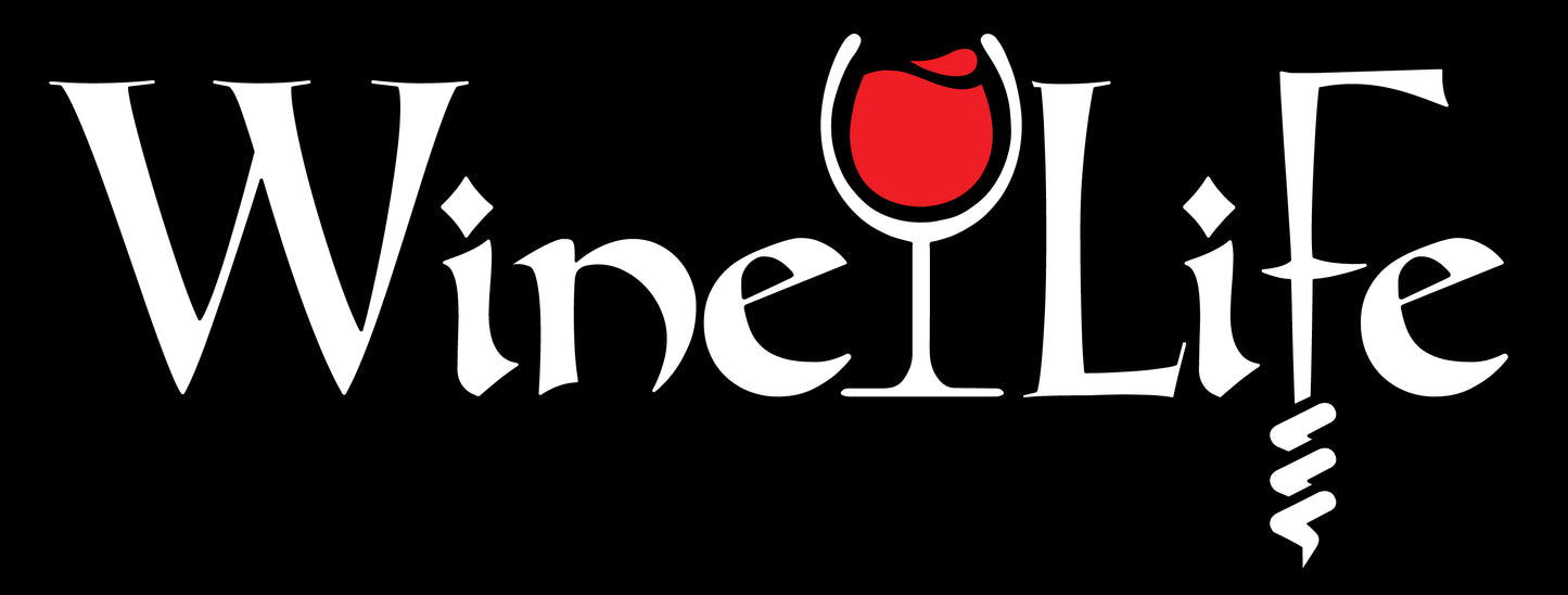 White Wine Life logo with calligraphy styled letters, and wine glass full of red wine and corkscrew