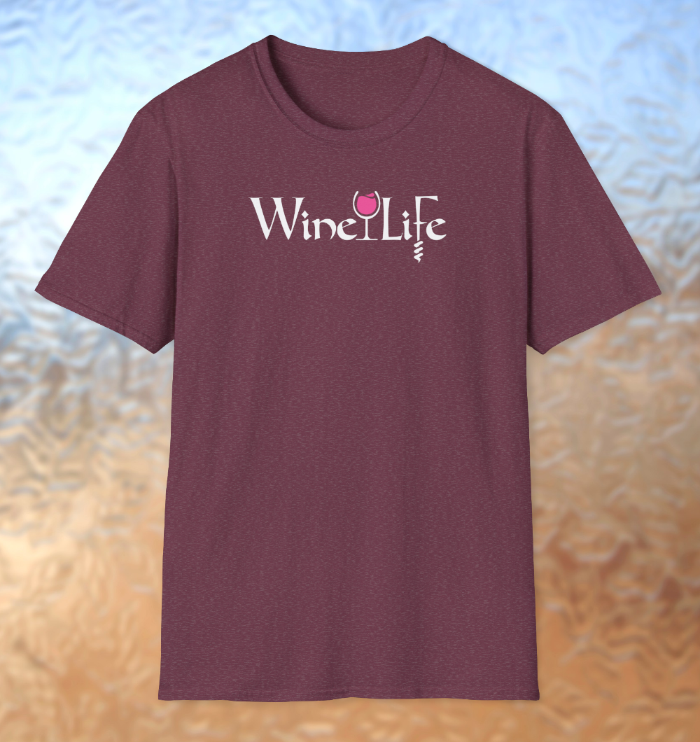 Heather red maroon t-shirt, white Wine Life logo with calligraphy styled letters, and wine glass full of pink wine and corkscrew