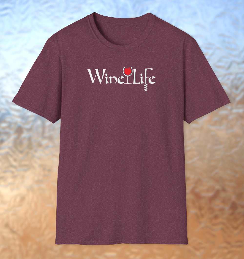 Heather red maroon t-shirt, white Wine Life logo with calligraphy styled letters, and wine glass full of red wine and corkscrew