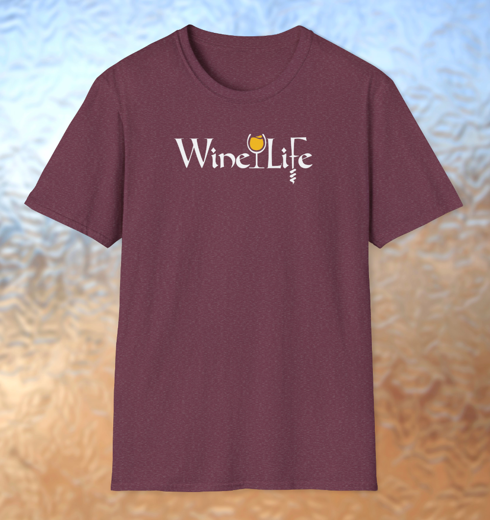Heather red maroon t-shirt, white Wine Life logo with calligraphy styled letters, and wine glass full of yellow wine and corkscrew