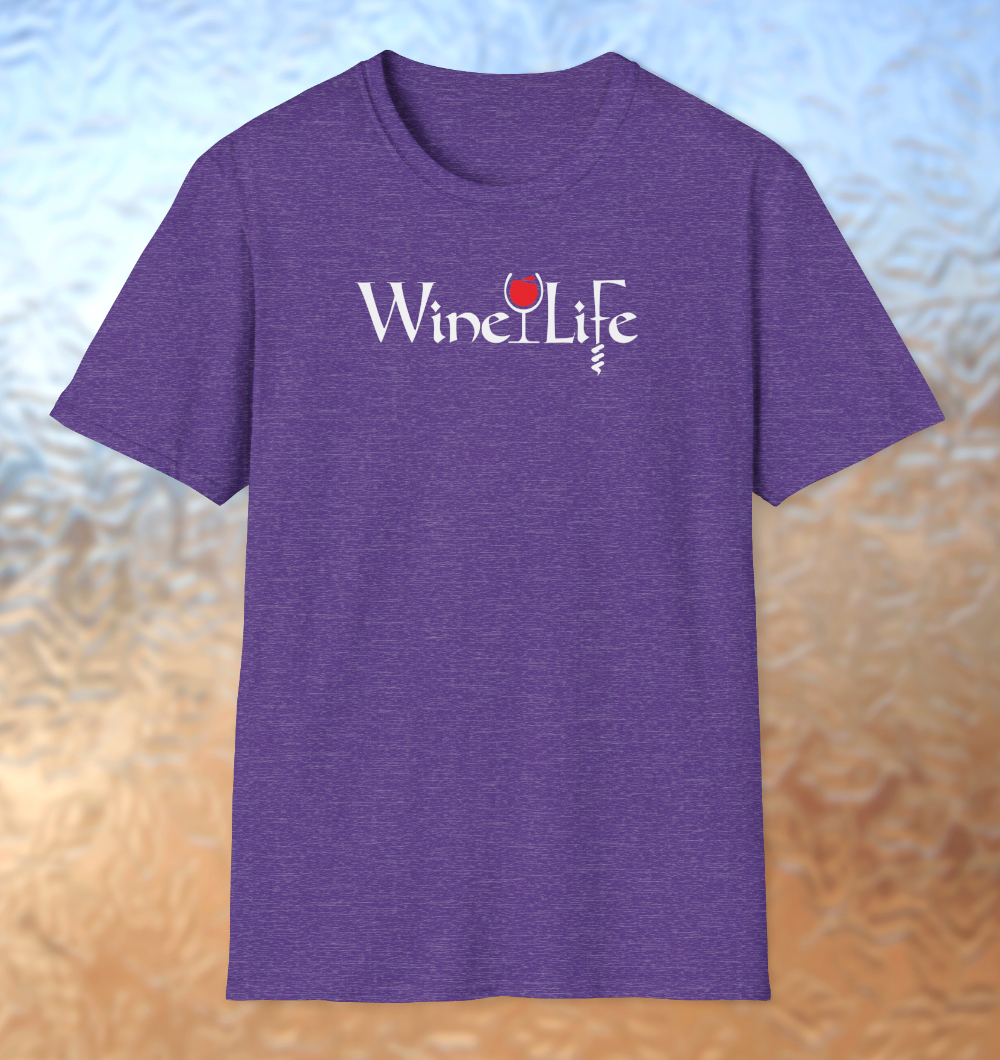 Purple t-shirt, white Wine Life logo with calligraphy styled letters, and wine glass full of red wine and corkscrew