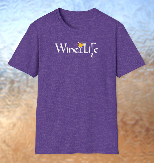 Purple t-shirt, white Wine Life logo with calligraphy styled letters, and wine glass full ofyellow wine and corkscrew
