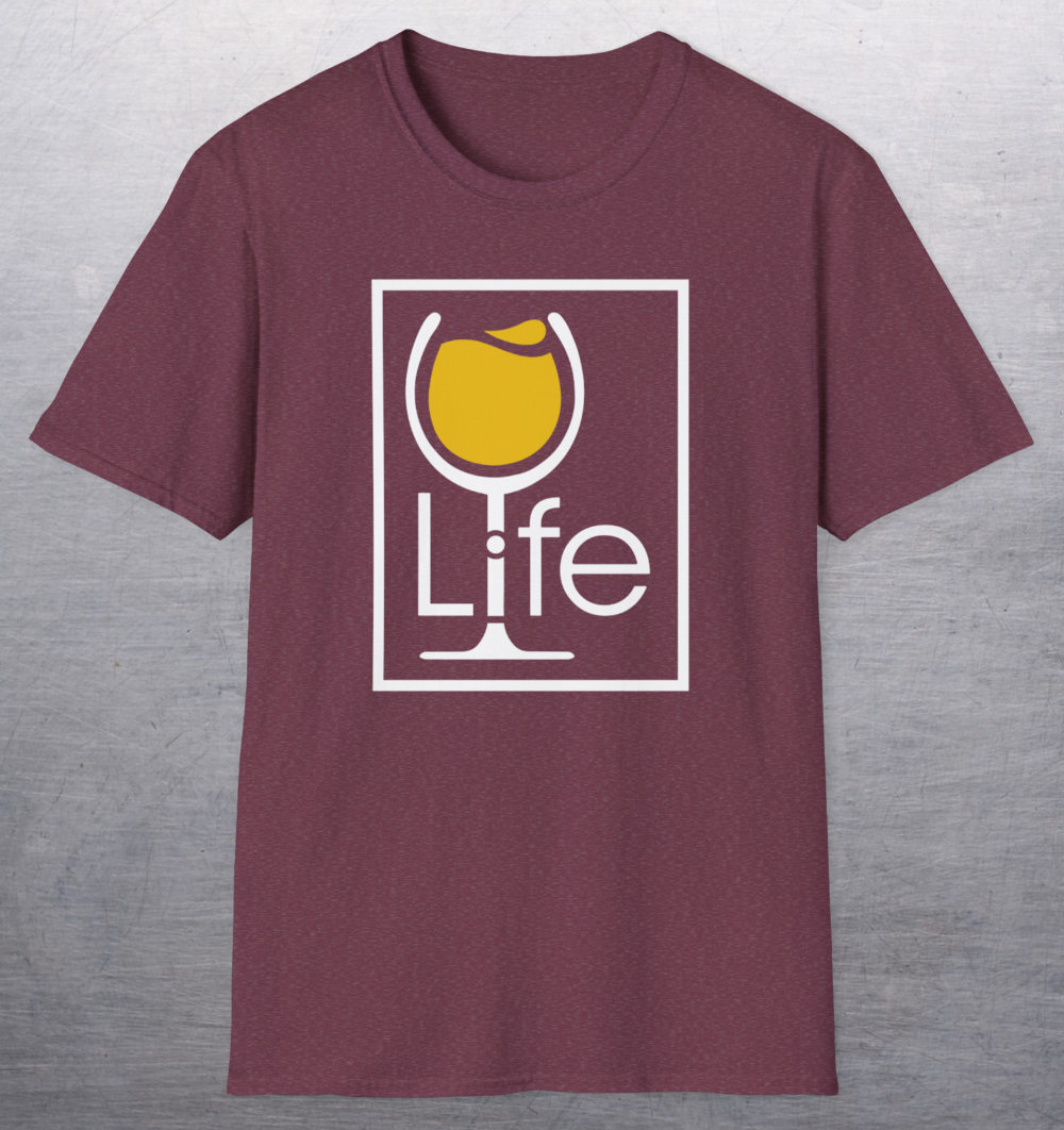 Heather red maroon shirt with rectangle Wine Life logo, the i is the stem of a wine glass full of yellow wine.