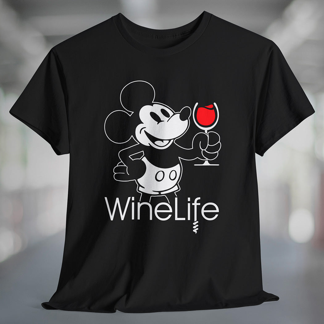 Black t-shirt with a mouse drinking a glass of red wine, with the Wine Life logo below