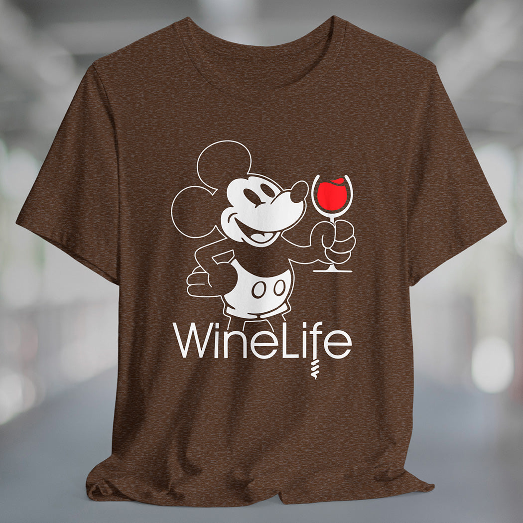 Heather brown t-shirt with a mouse drinking a glass of red wine, with the Wine Life logo below