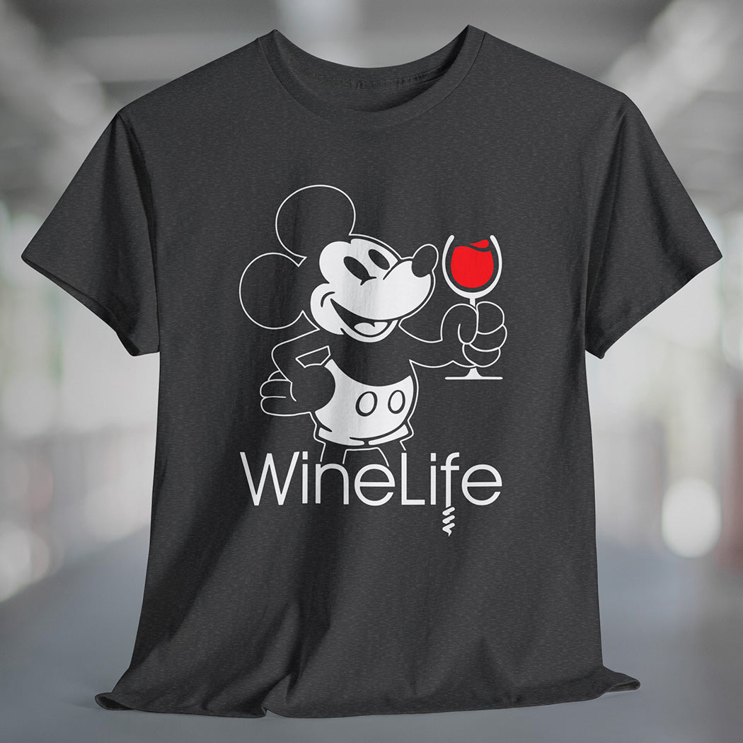 Heather charcoal gray t-shirt with a mouse drinking a glass of red wine, with the Wine Life logo below