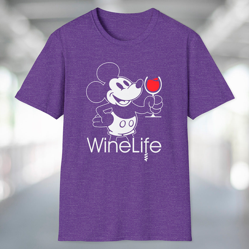 Heather purple t-shirt with a mouse drinking a glass of red wine, with the Wine Life logo below