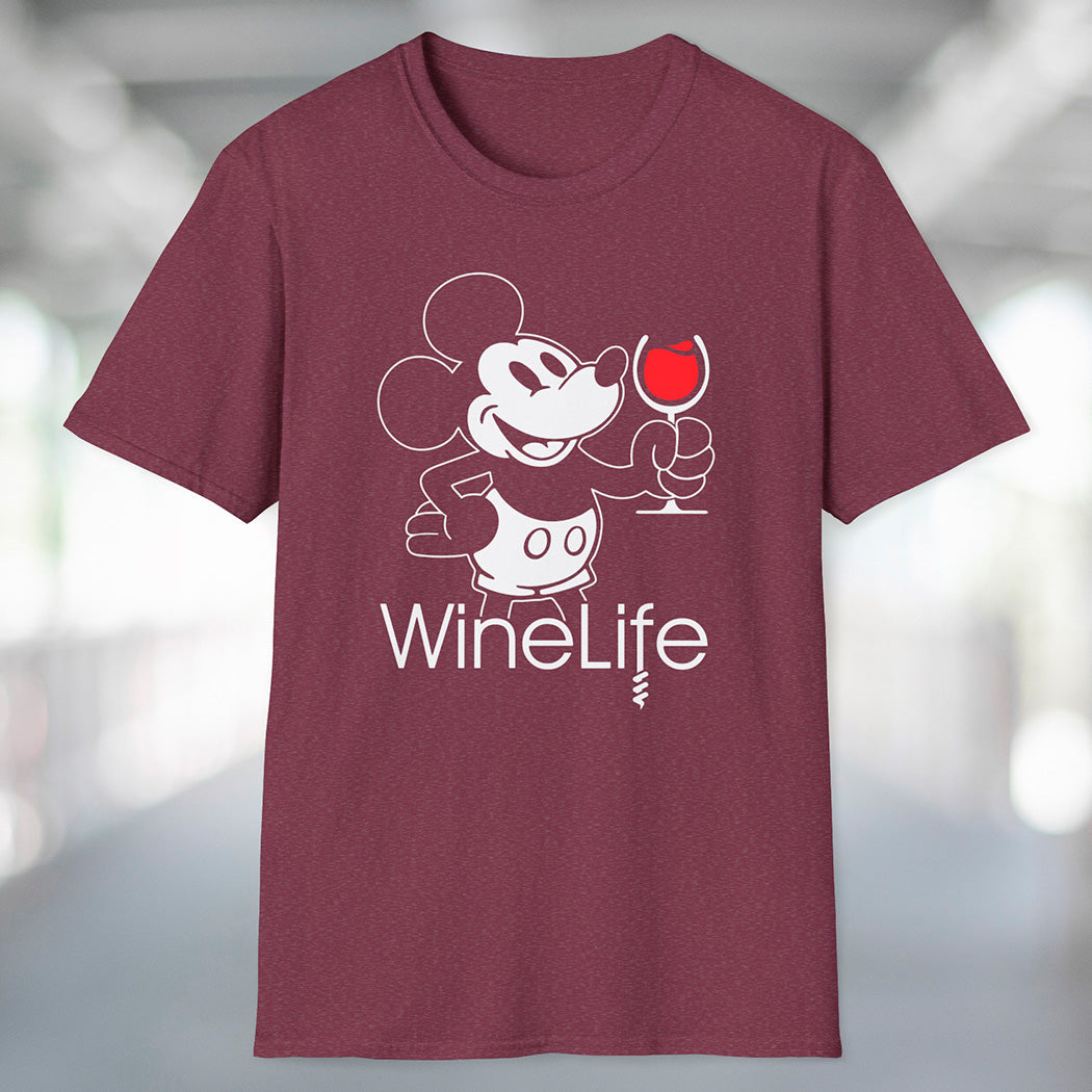 Heather maroon t-shirt with a mouse drinking a glass of red wine, with the Wine Life logo below