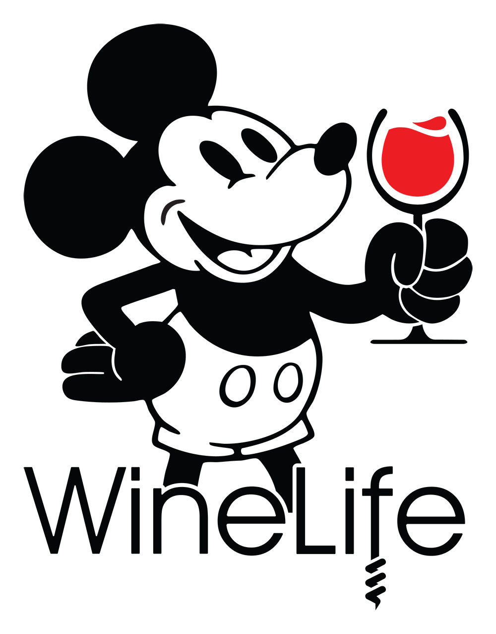 Illustration of a mouse holding a glass of red wine, with Wine Life logo below