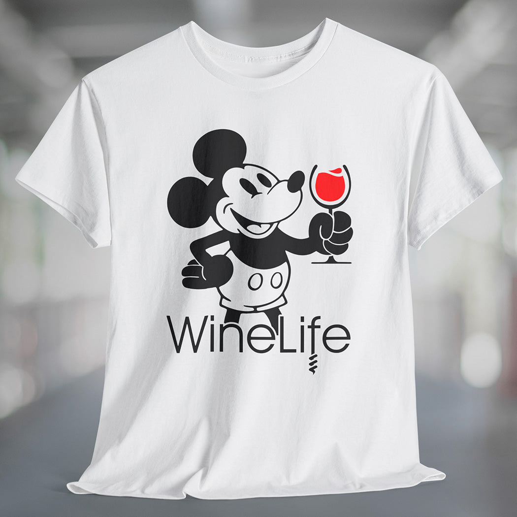 White t-shirt with a mouse drinking a glass of red wine, with the Wine Life logo below