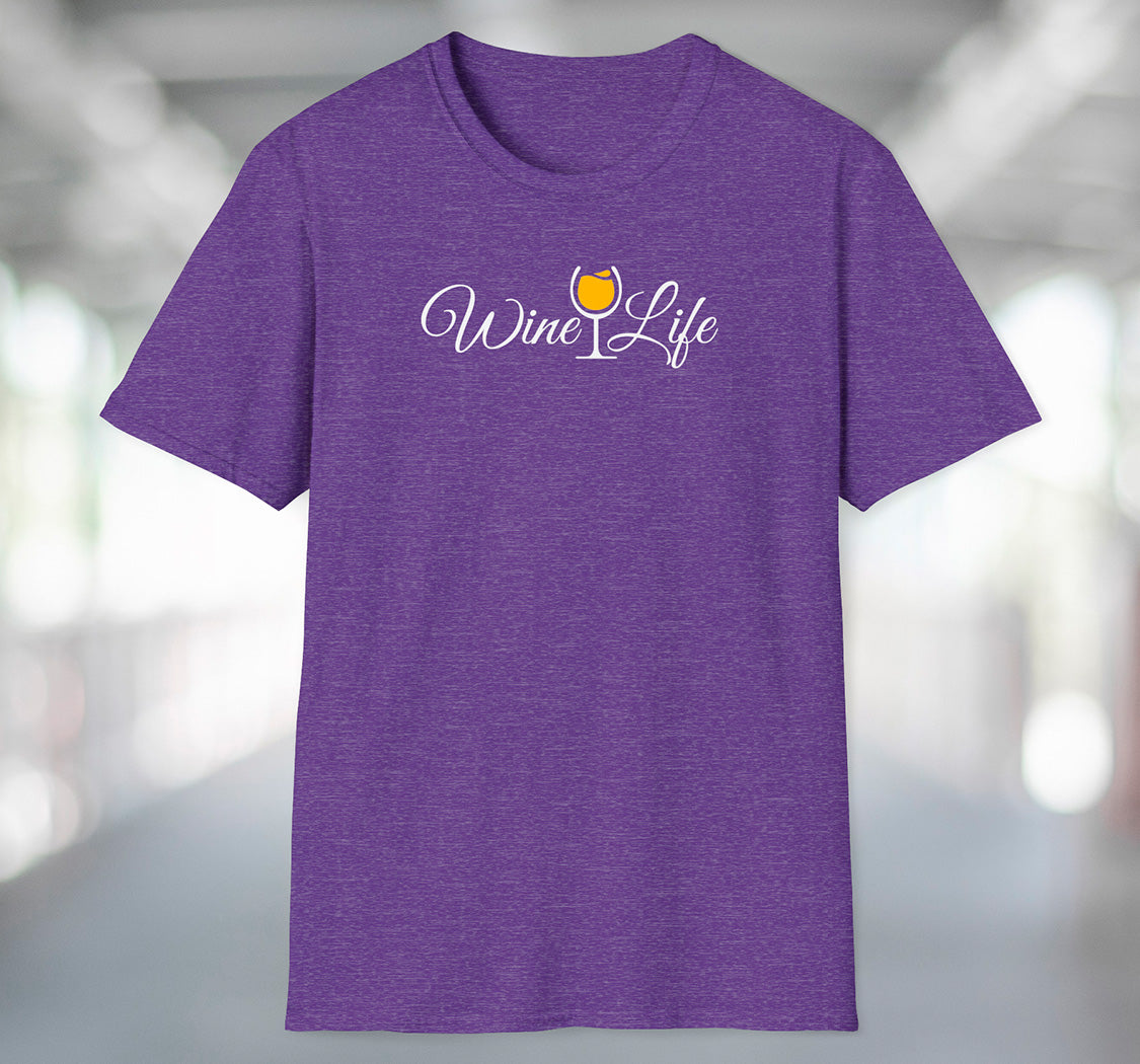 Heather purple t-shirt with wine life written in swirly script letters, and a glass of golden yellow white wine
