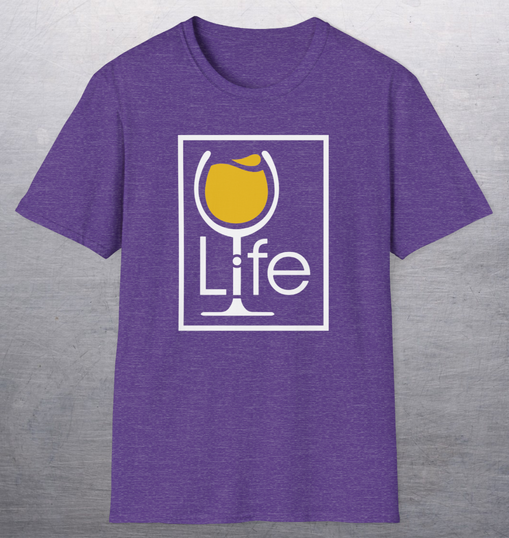 Heather purple shirt with rectangle Wine Life logo, the i is the stem of a wine glass full of yellow wine.