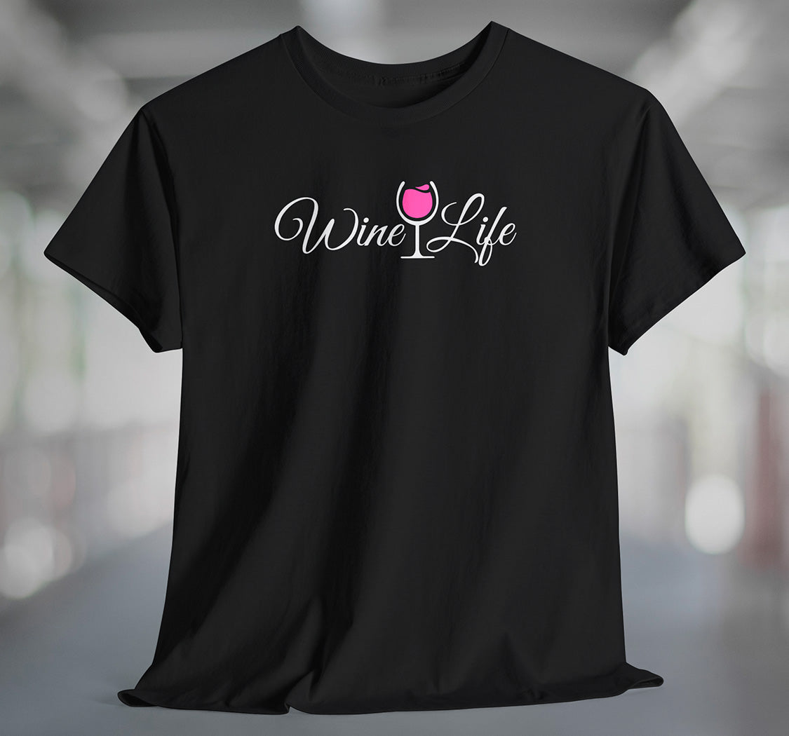 Black t-shirt with wine life written in swirly script letters, and a glass of pink rose' wine