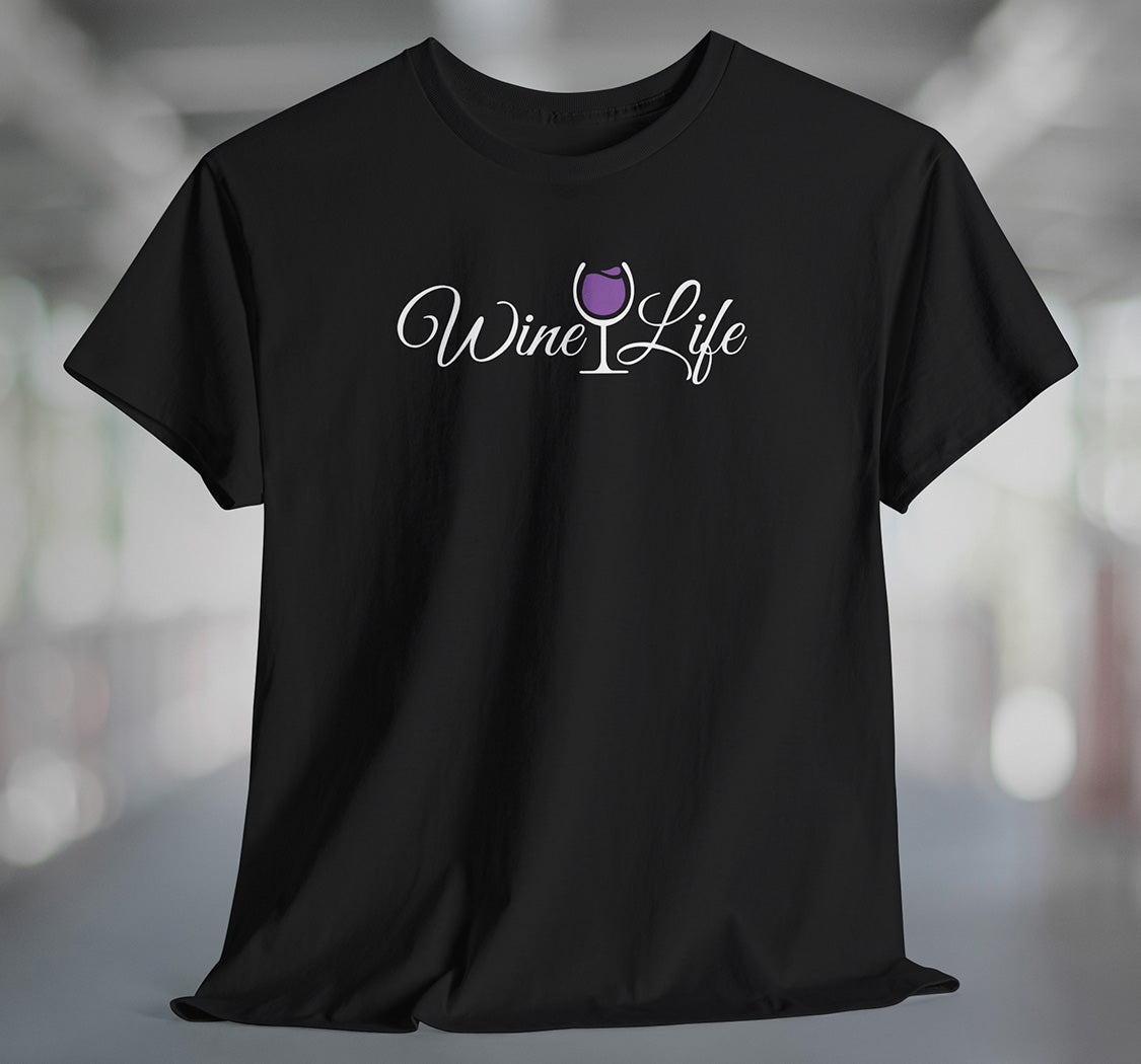 black t-shirt with wine life written in swirly script letters, and a glass of purple wine
