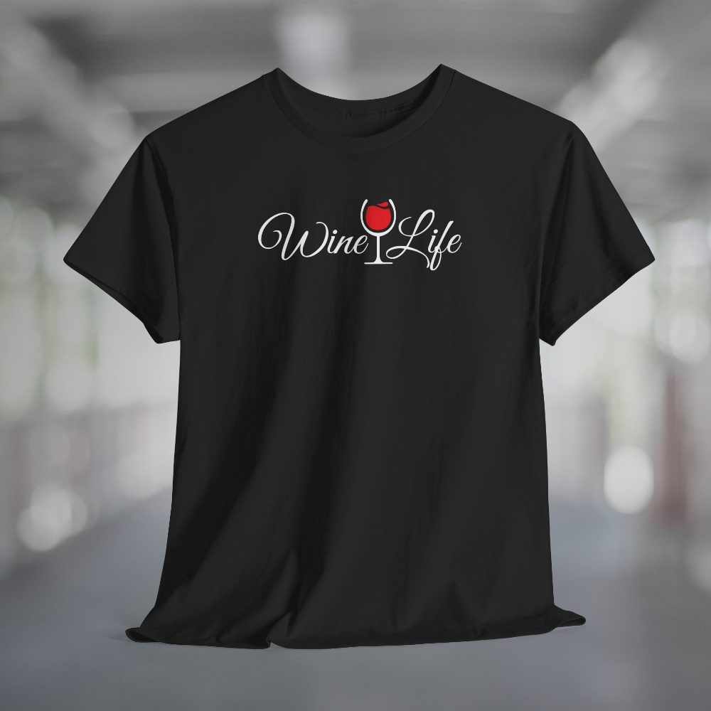 Black t-shirt, white Wine Life logo with script styled letters, and wine glass full of red wine.