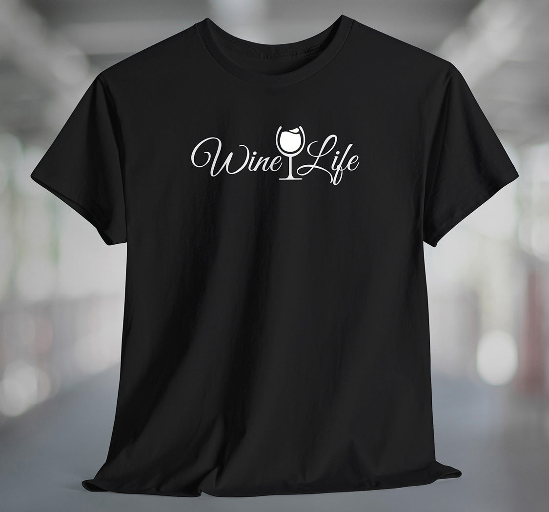 Black t-shirt with wine life written in swirly script letters, and a glass of white wine