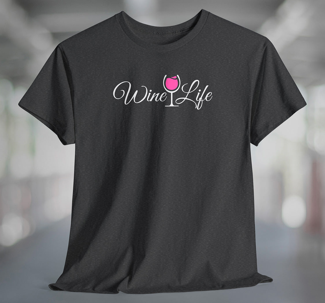 Heather charcoal gray t-shirt with wine life written in swirly script letters, and a glass of pink rose' wine