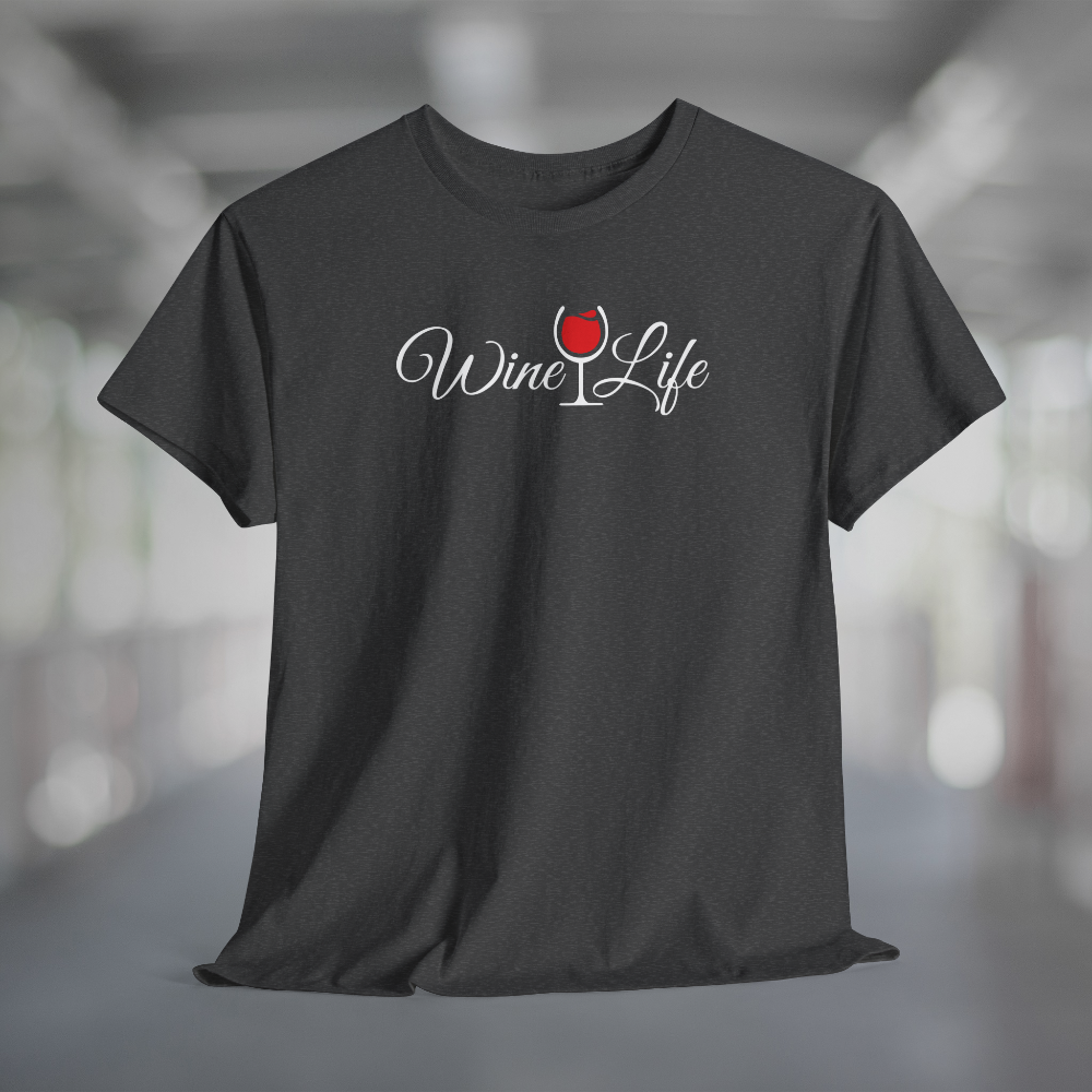 Heather charcoal gray t-shirt, white Wine Life logo with script styled letters, and wine glass full of red wine.