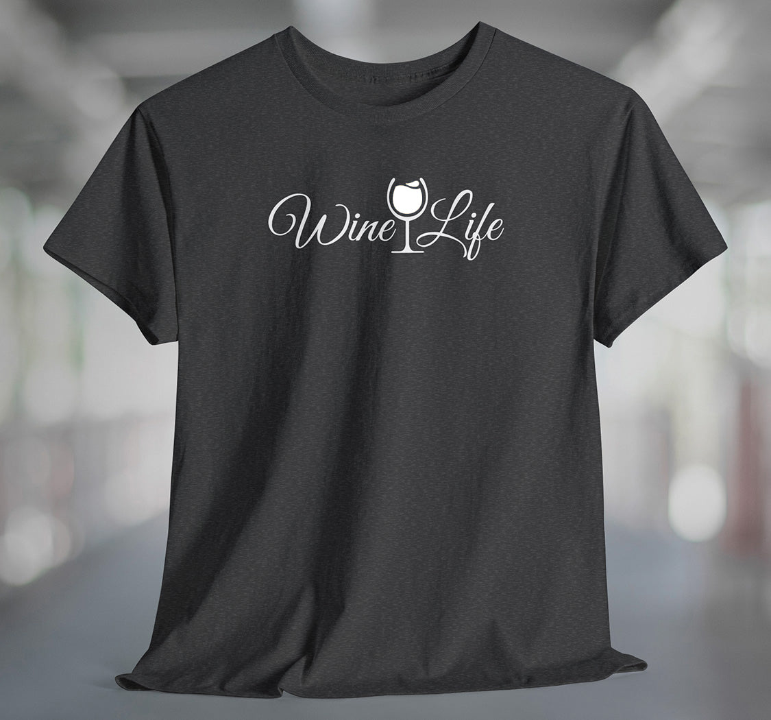 Heather charcoal t-shirt with wine life written in swirly script letters, and a glass of white wine
