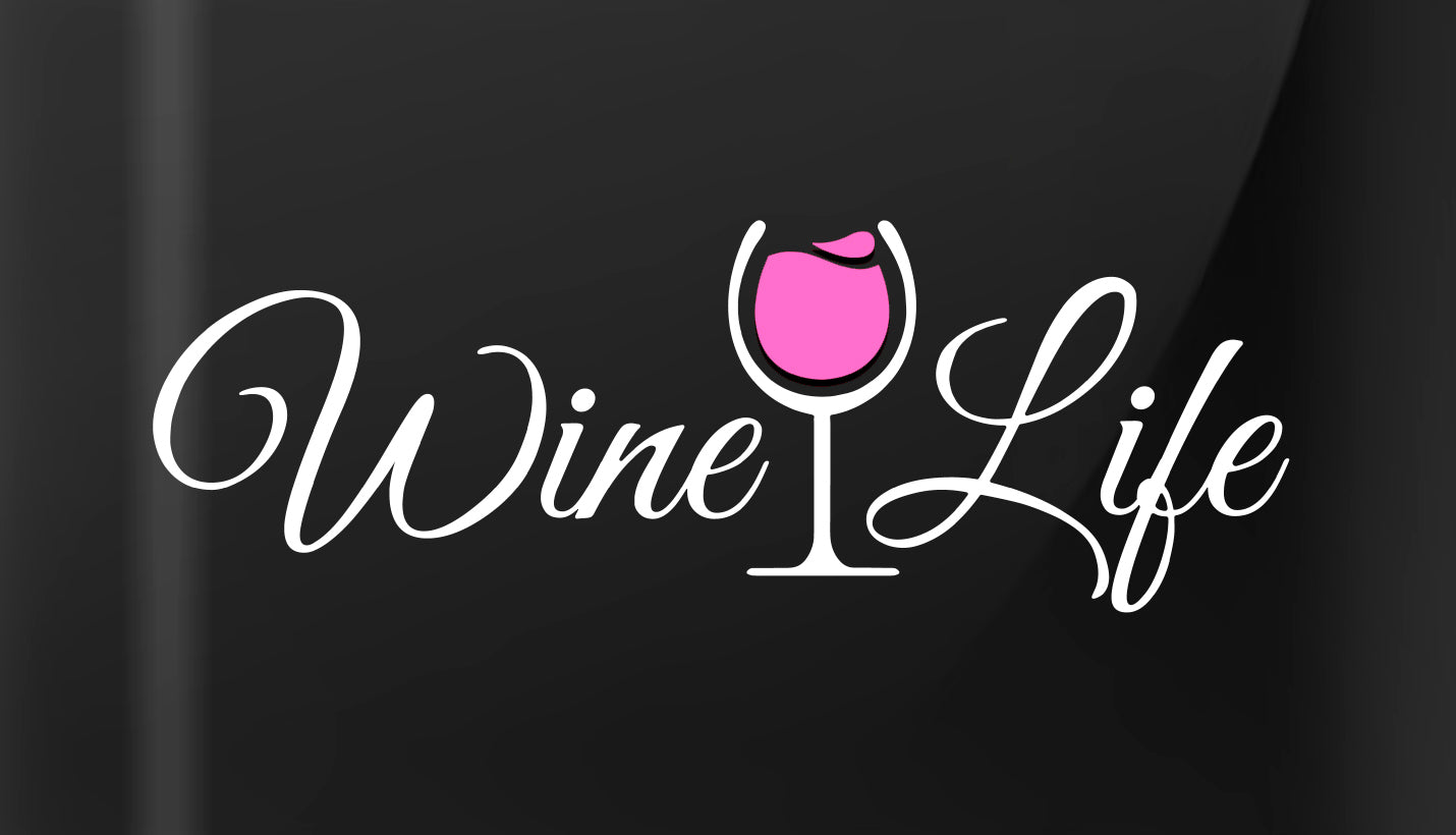 wine life written in swirly script letters, and a glass of pink rose' wine