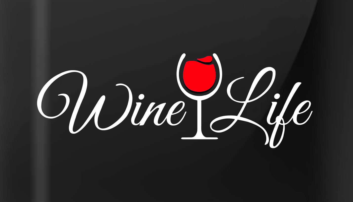 White Wine Life written in script, with wine glass full of red wine