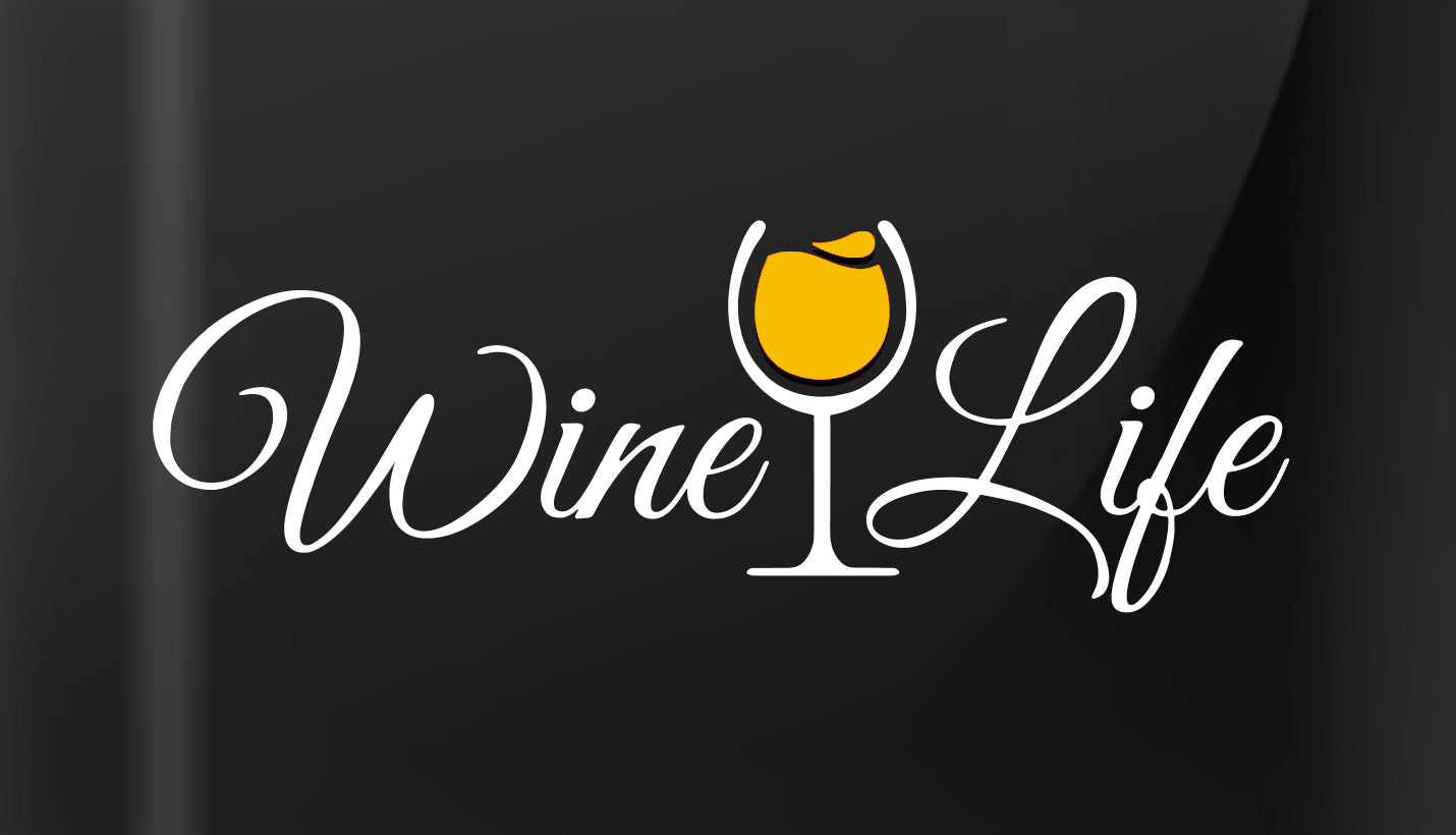 Wine Life logo written in swirly script letters, with glass of golden yellow white wine