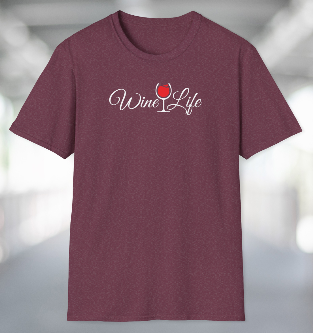 Heather red maroon t-shirt, white Wine Life logo with script styled letters, and wine glass full of red wine.