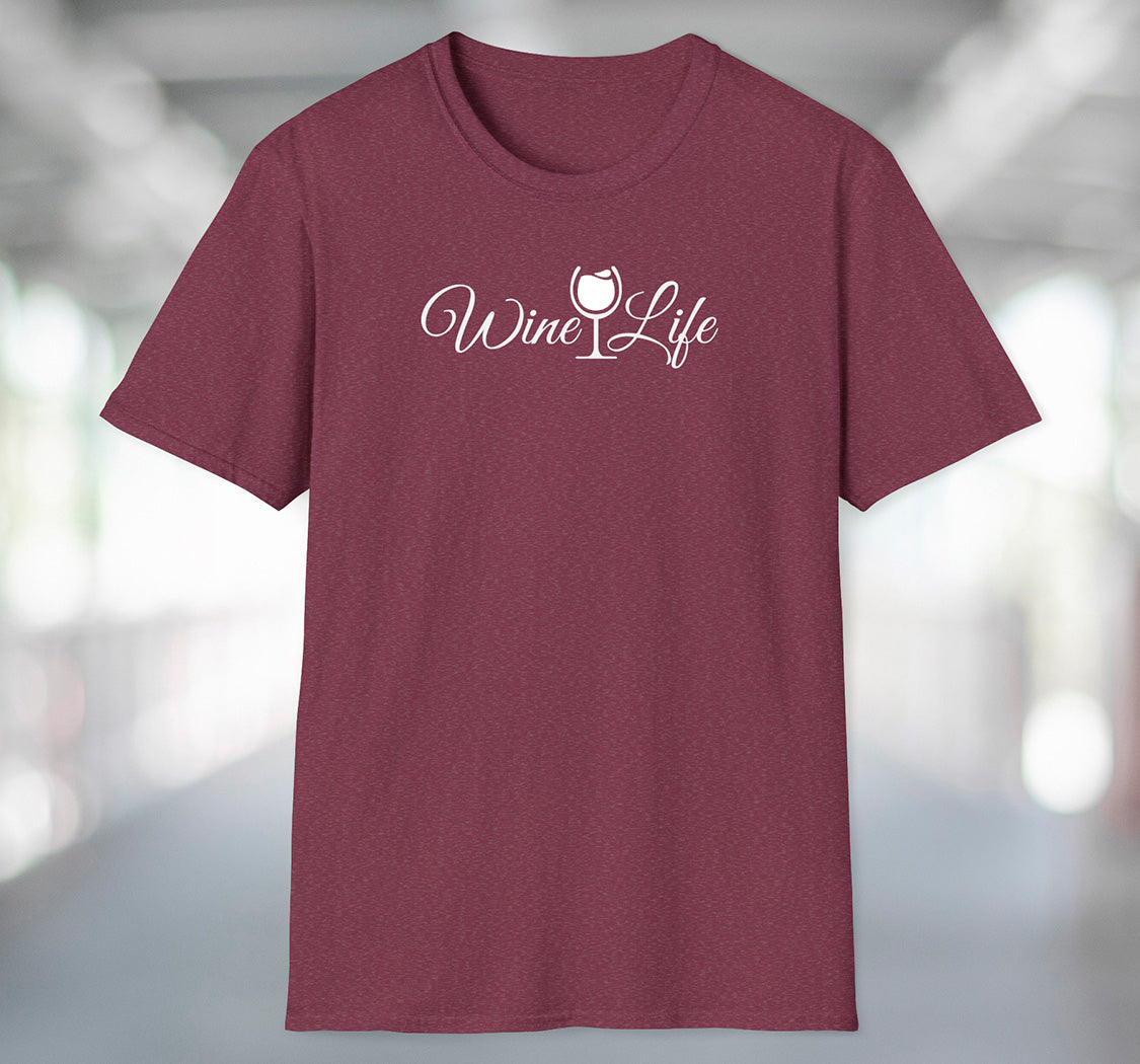 Heather maroon red t-shirt with wine life written in swirly script letters, and a glass of white wine