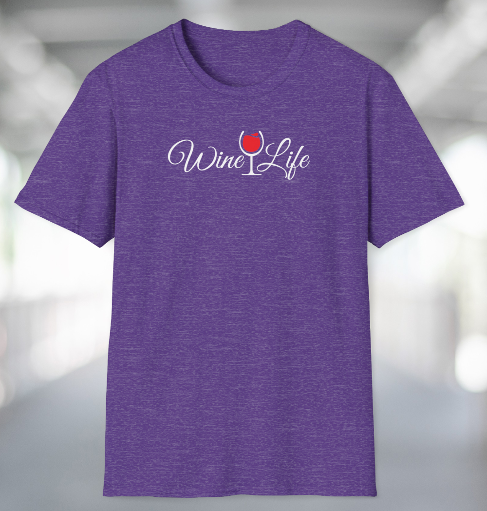 Heather purple t-shirt, white Wine Life logo with script styled letters, and wine glass full of red wine.