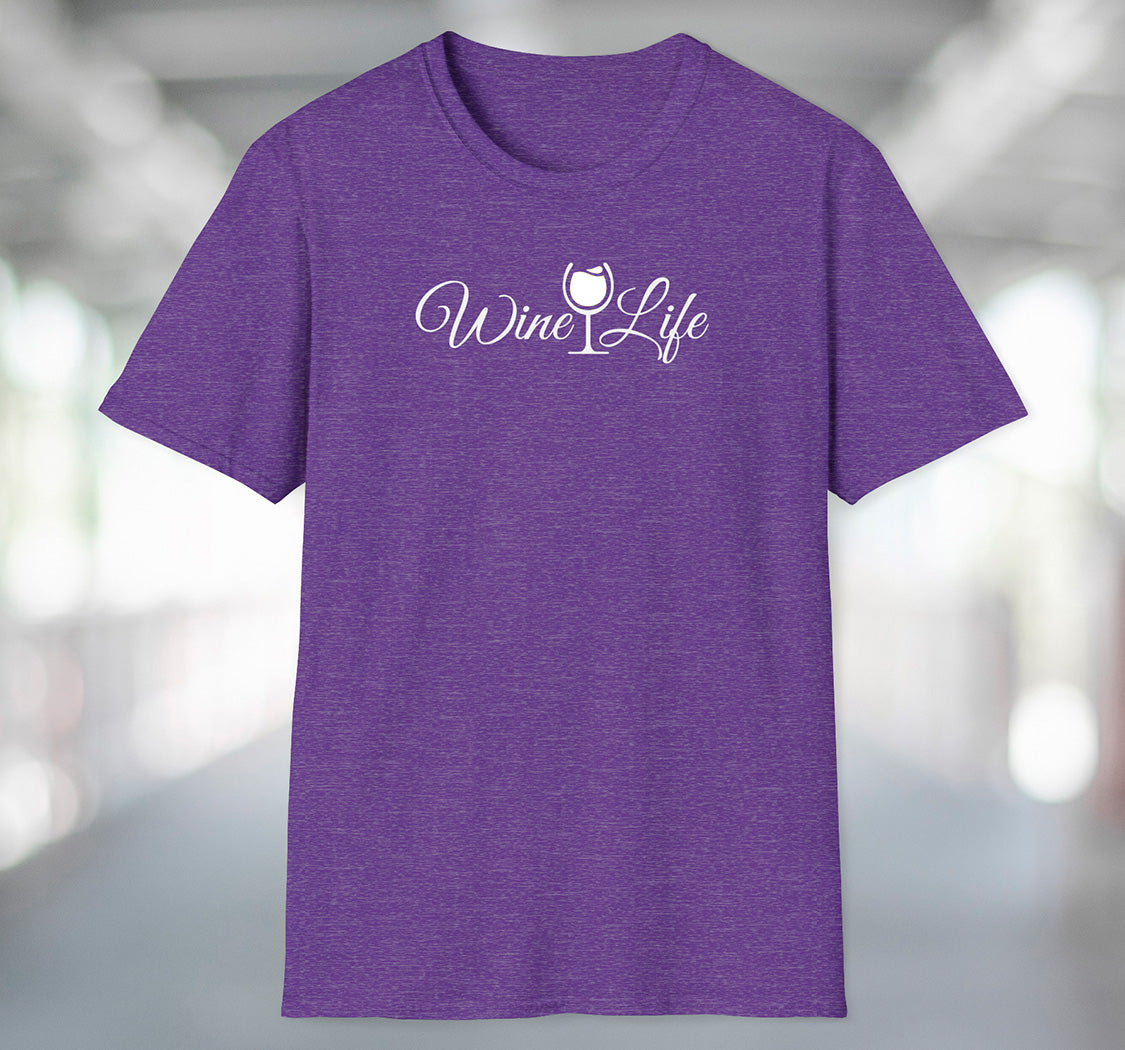 Heather purple t-shirt with wine life written in swirly script letters, and a glass of white wine