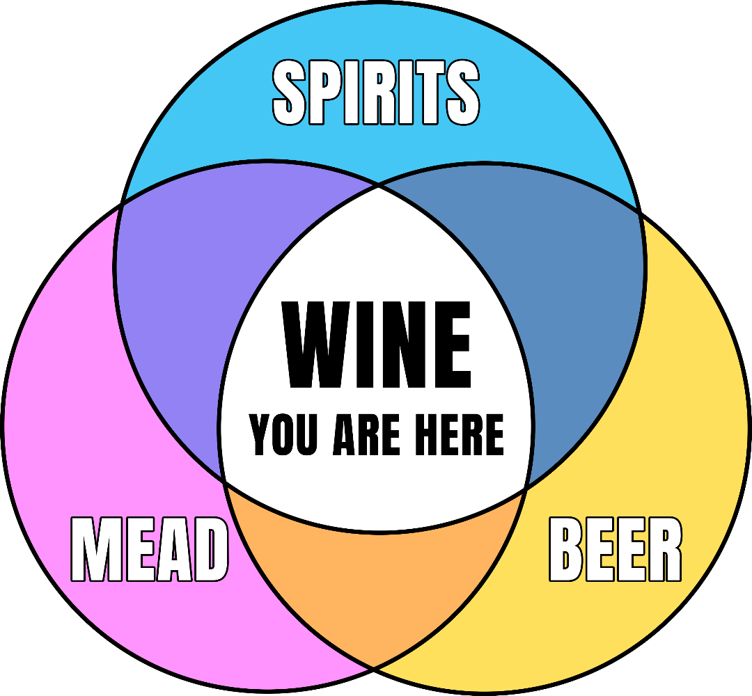 Colorful graphic Venn diagram of mead, beer, spirits, and Wine You Are Here in center on white background