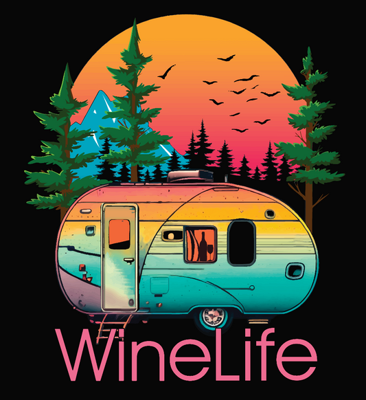 Colorful camper with background of trees, mountains, sun and birds, above wine life logo