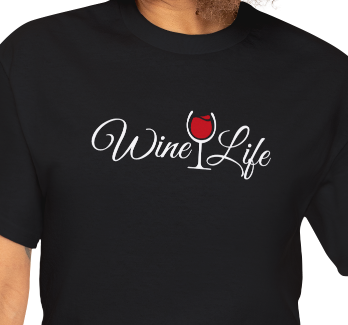 Woman wearing black t-shirt, white Wine Life logo with script styled letters, and wine glass full of red wine.
