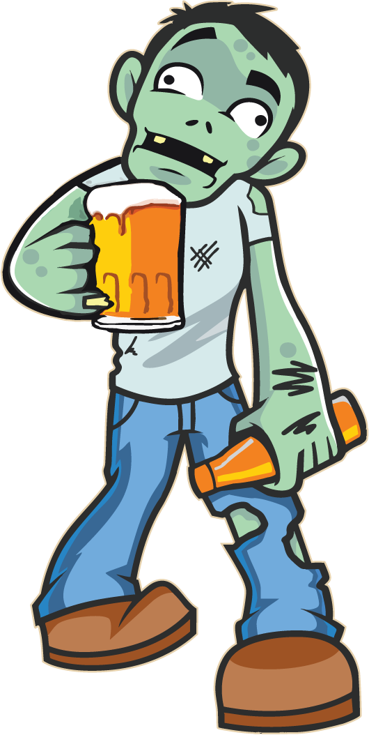 Cartoon zombie holding beer mug and bottle of beer.