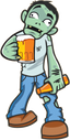 Cartoon zombie holding beer mug and bottle of beer.